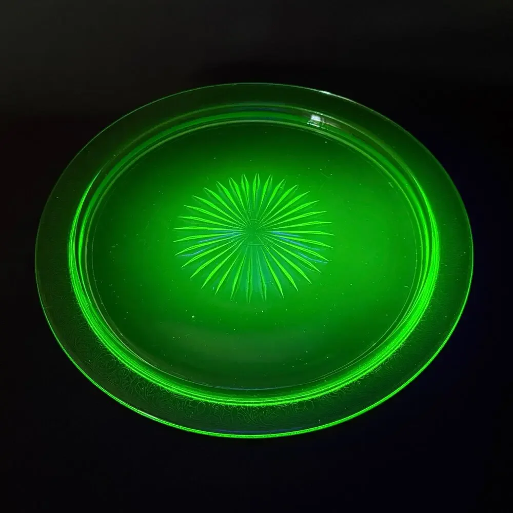 Vintage Uranium Glass Plates 13 inch Green Depression Glass UV Glow